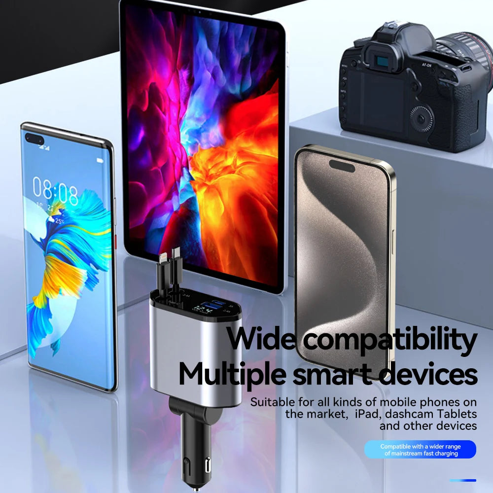 120W 4 In 1 Car Charger Retractable USB Type C Adapter