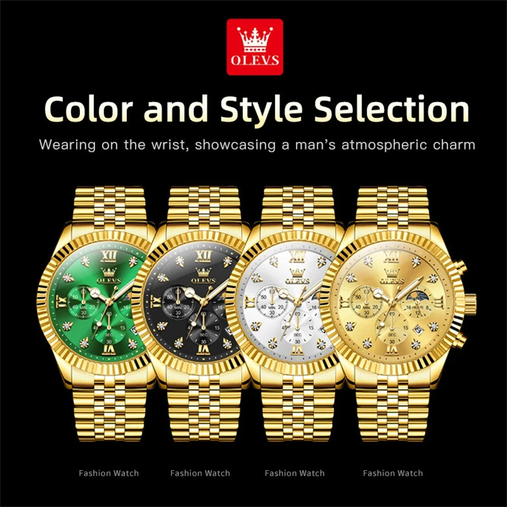 OLEVS Brand Luxury Waterproof Men's Moon Phase Quartz Watch Gold Stainless Steel Strap