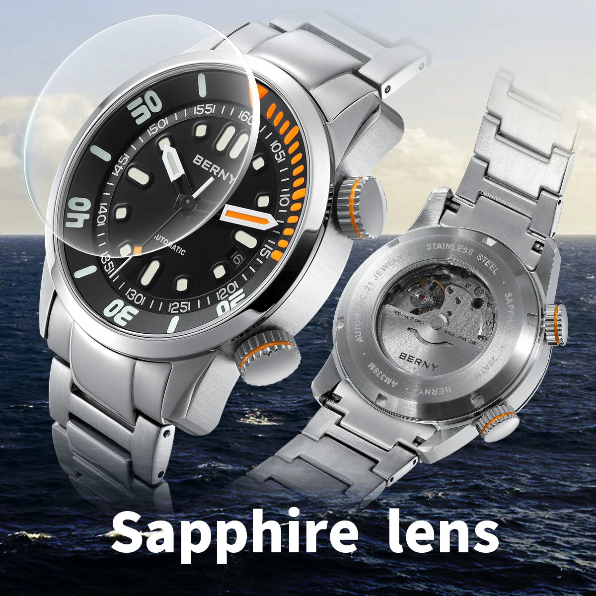 BERNY Automatic Dive Watch for Men 20ATM Sapphire Design