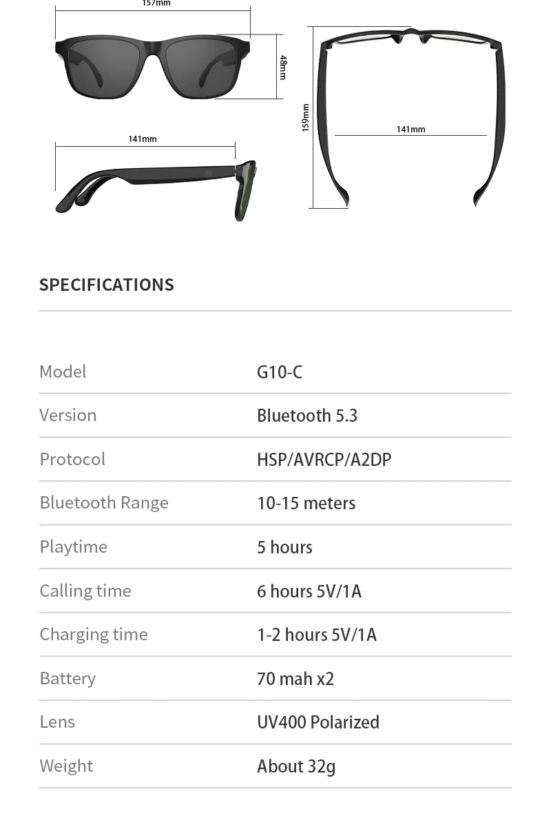 Smart Wireless Bluetooth Glasses for Music and Hands-Free Calls