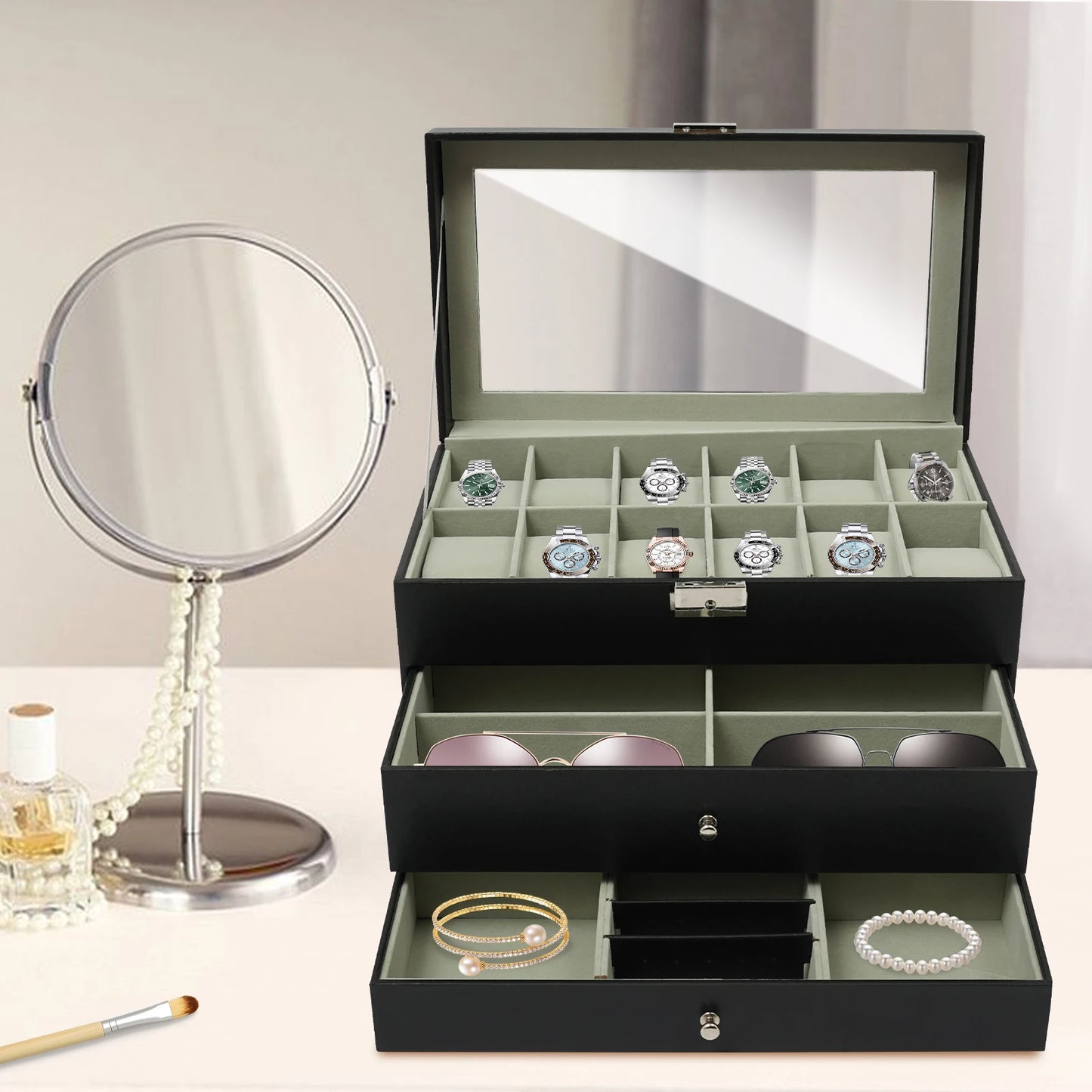 Hign-concerned 3 Tiers Jewelry Box Display Case Glass Top