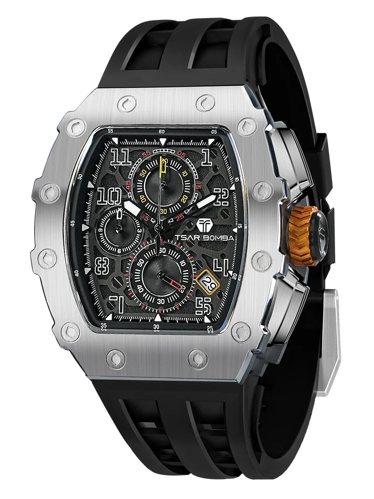 TSAR BOMBA Watch for Men Top Brand Luxury Waterproof Quartz Wristwatch Tonneau Clock Chronograph Rectangle Mens Watch