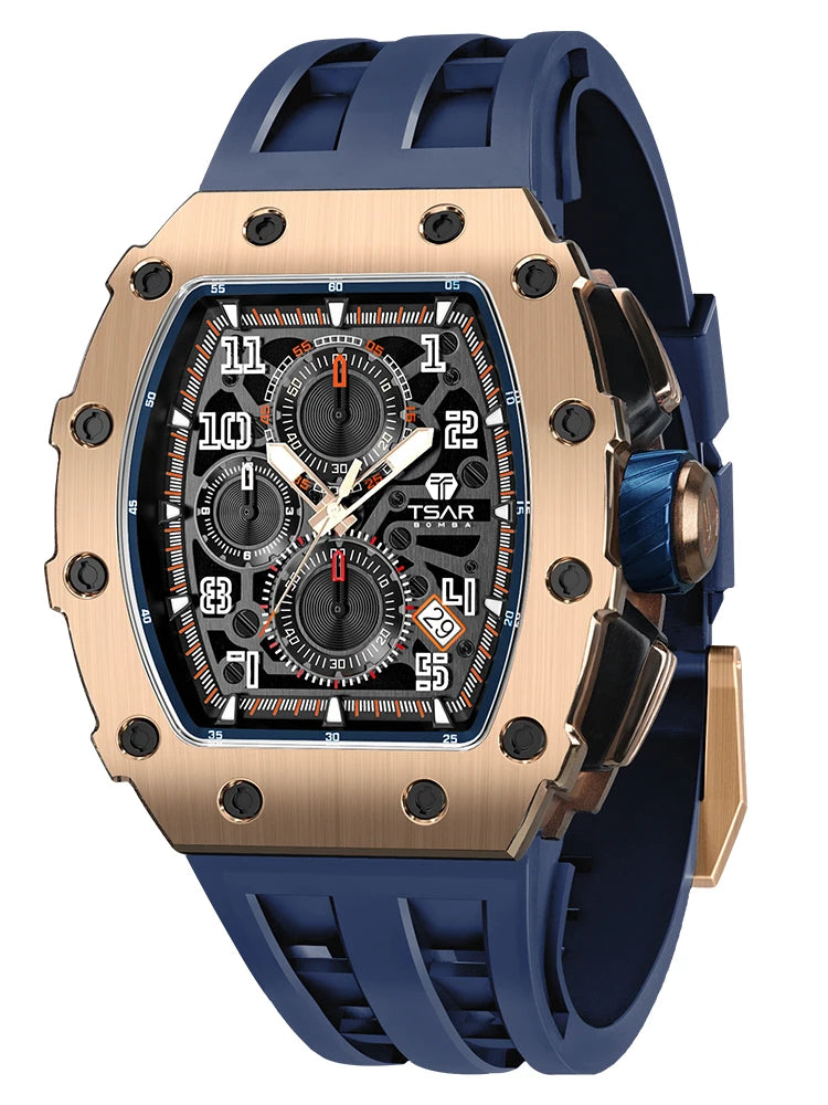 TSAR BOMBA Watch for Men Top Brand Luxury Waterproof Quartz Wristwatch Tonneau Clock Chronograph Rectangle Mens Watch