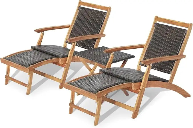 Patio Chaise Lounge Chairs and Table, Acacia Wood Folding Rattan Wicker Chairs w/Retractable Footrest, Side Table, 3-Pieces