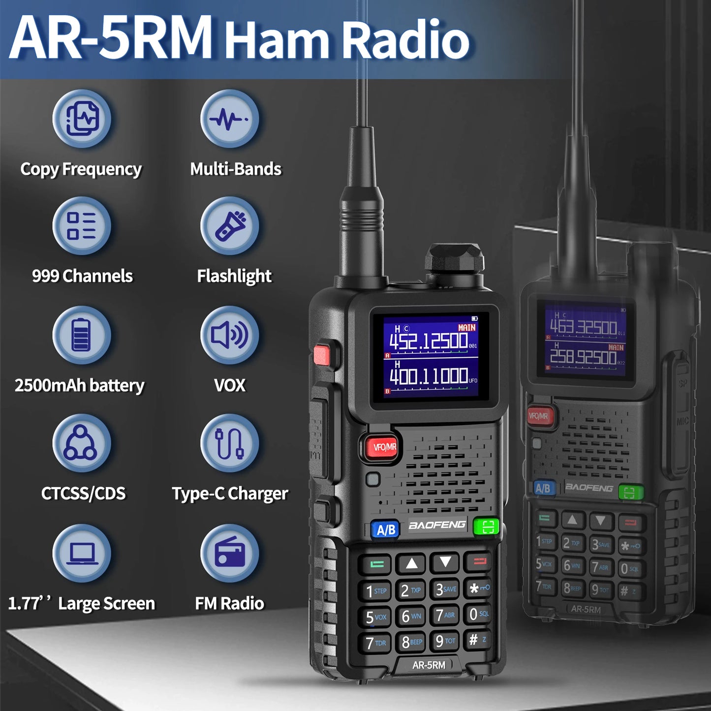 2 Pack Baofeng AR5RM Multi Band Walkie Talkie 10W Ham Radio