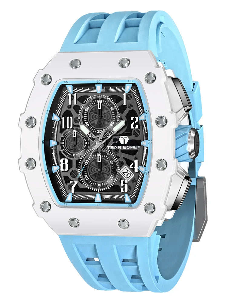TSAR BOMBA Watch for Men Top Brand Luxury Waterproof Quartz Wristwatch Tonneau Clock Chronograph Rectangle Mens Watch