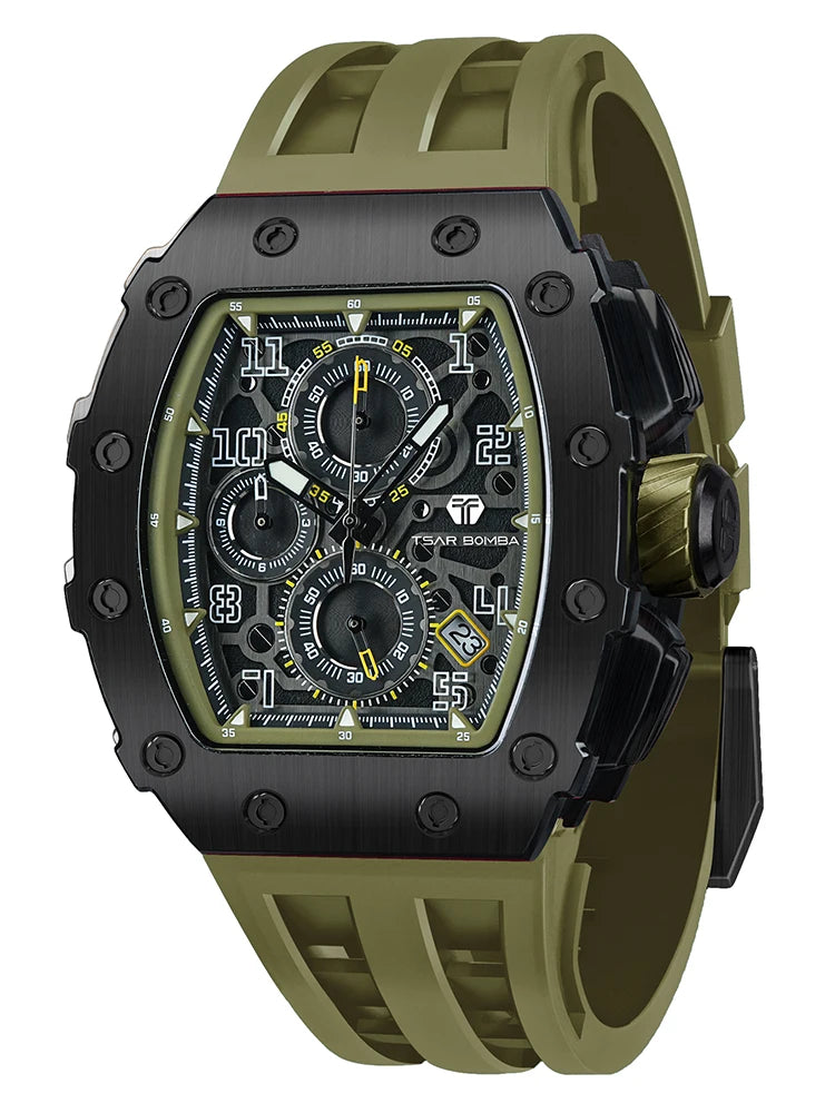 TSAR BOMBA Watch for Men Top Brand Luxury Waterproof Quartz Wristwatch Tonneau Clock Chronograph Rectangle Mens Watch