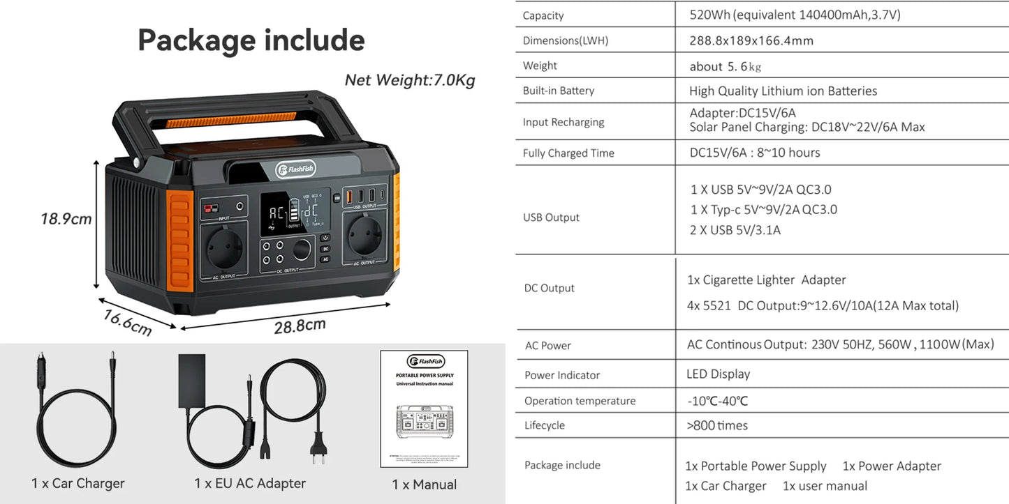 FF FlashFish 560W Portable Solar Generator 230V 520Wh