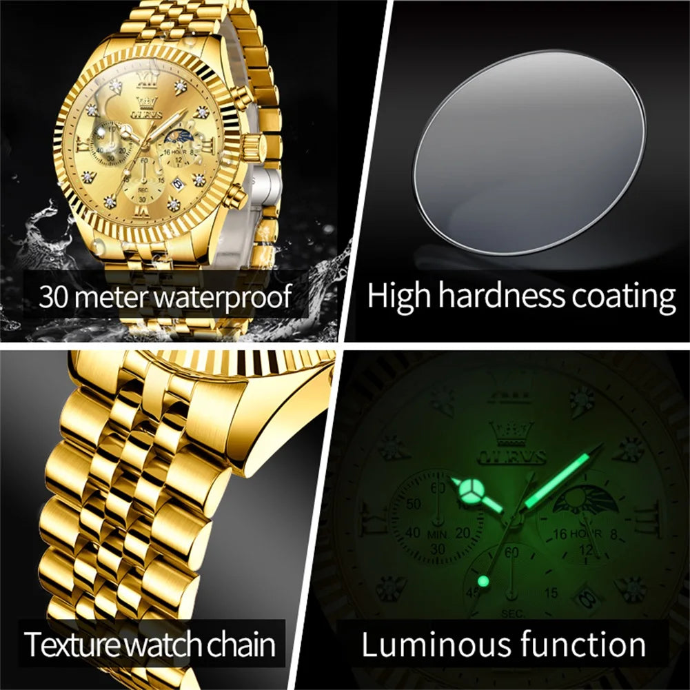 OLEVS Brand Luxury Waterproof Men's Moon Phase Quartz Watch Gold Stainless Steel Strap