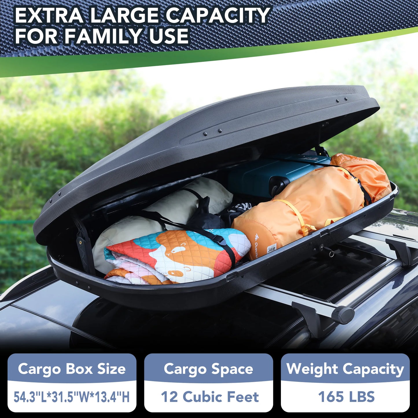 Car RV Rooftop Cargo Box Dual-Sided Opening Waterproof 165Lbs Capacity