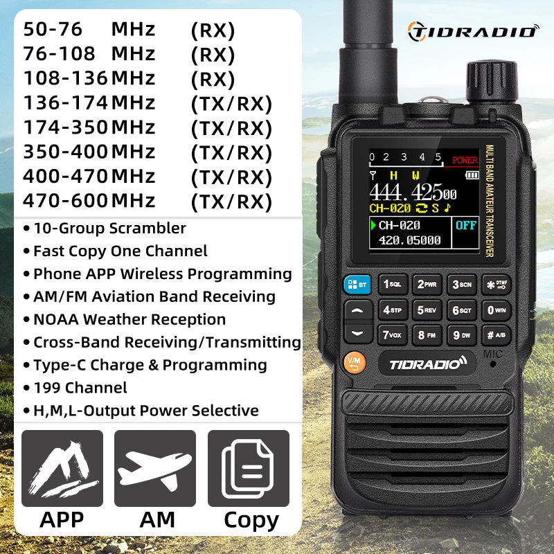 TIDRADIO H3 Walkie Talkie Phone APP Wireless Programming HAM Air Band Long Range Radio USB Type-C Cable Programming and Charge