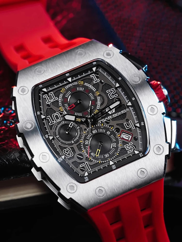 TSAR BOMBA Watch for Men Top Brand Luxury Waterproof Quartz Wristwatch Tonneau Clock Chronograph Rectangle Mens Watch