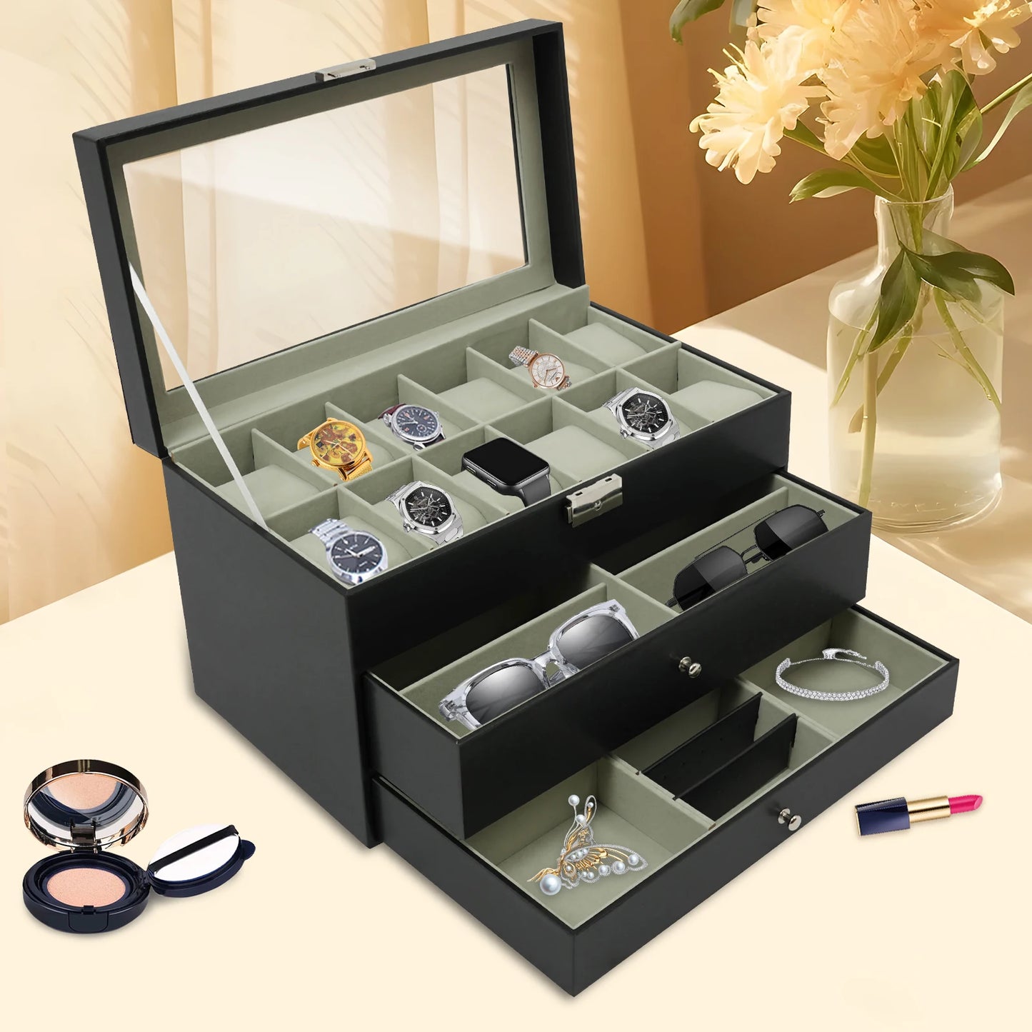 Hign-concerned 3 Tiers Jewelry Box Display Case Glass Top