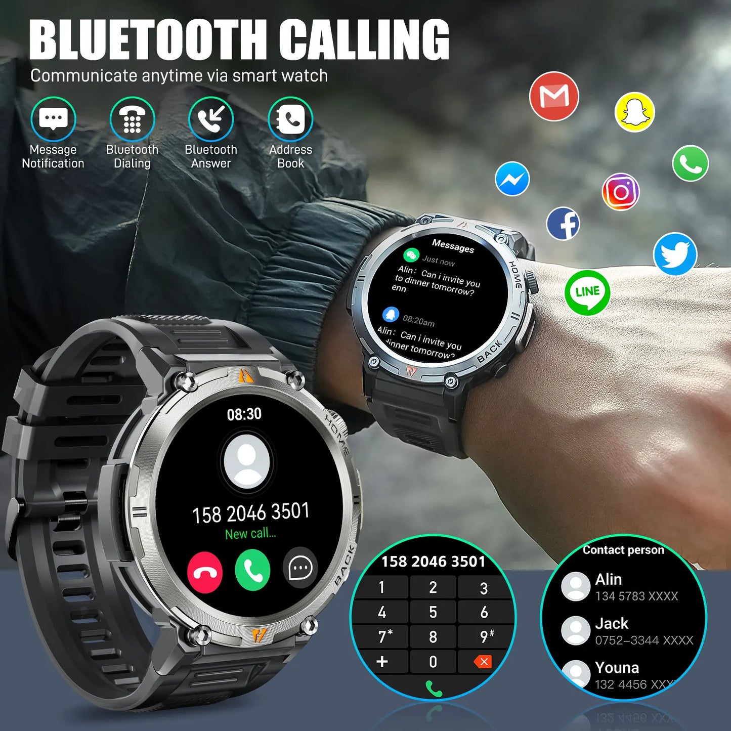 LaNikar KE3 Black Bluetooth Call Smart Watch Men Full Touch Screen Health Monitor