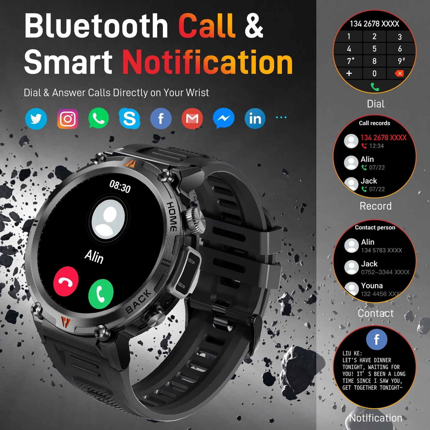 LaNikar KE3 Black Bluetooth Call Smart Watch Men Full Touch Screen Health Monitor