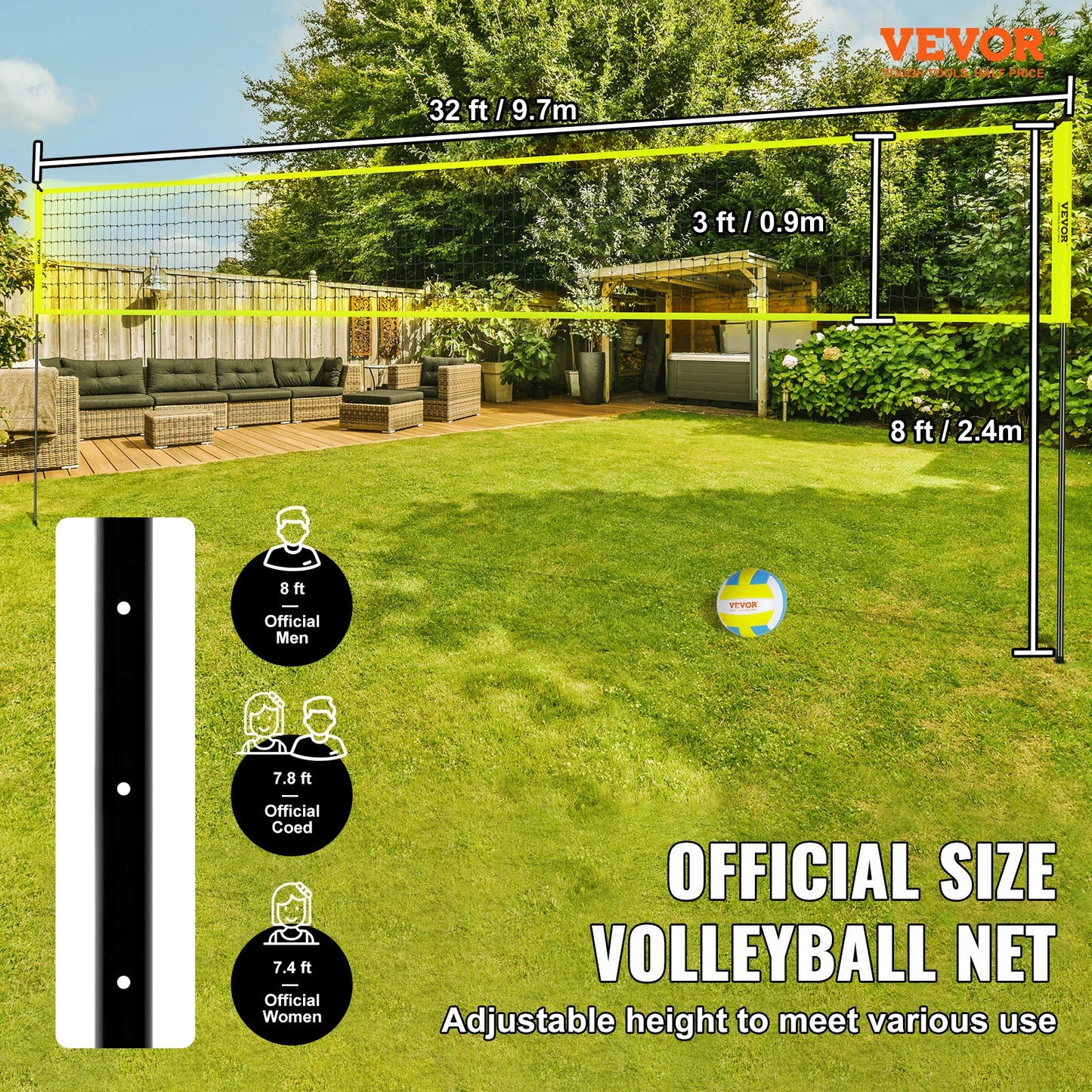 VEVOR Outdoor Volleyball Net System with Adjustable Height Steel Poles and PVC Pump for Backyard Beach Lawn