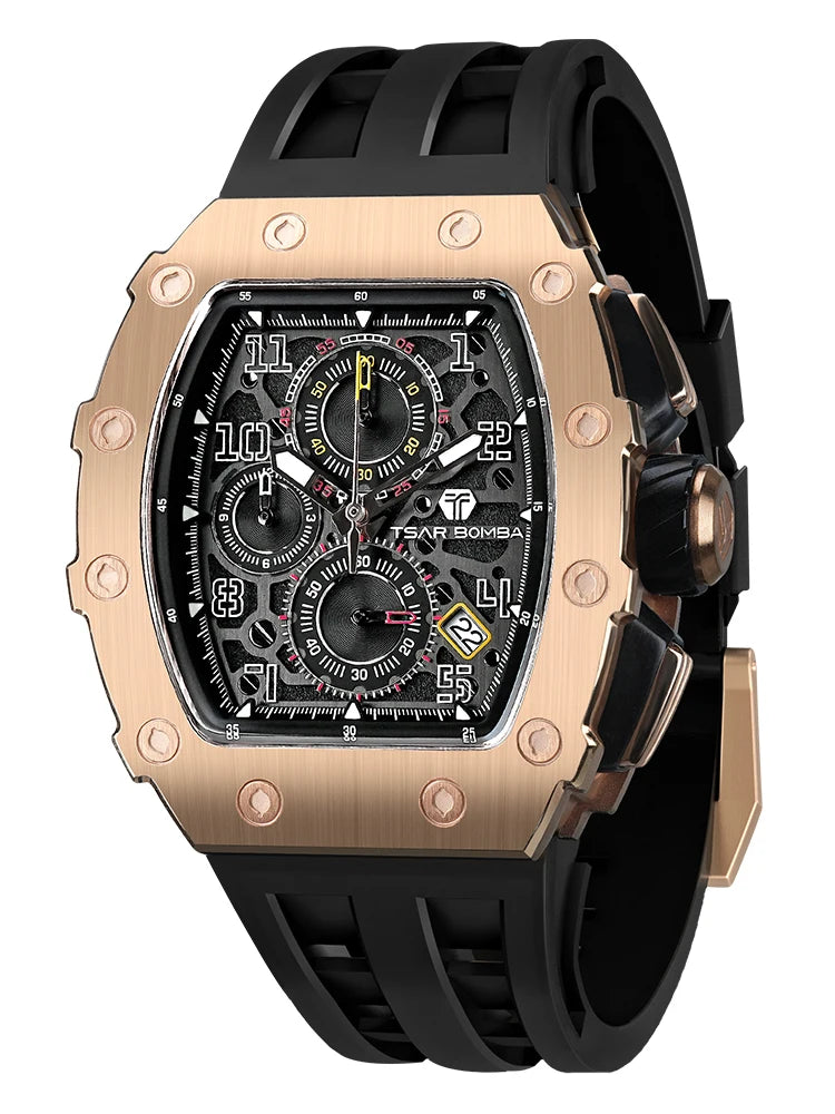 TSAR BOMBA Watch for Men Top Brand Luxury Waterproof Quartz Wristwatch Tonneau Clock Chronograph Rectangle Mens Watch