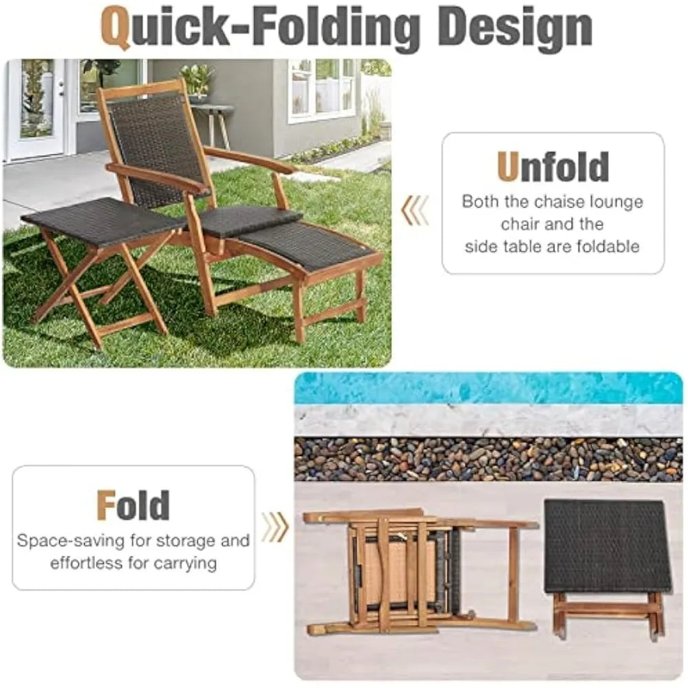 Patio Chaise Lounge Chairs and Table, Acacia Wood Folding Rattan Wicker Chairs w/Retractable Footrest, Side Table, 3-Pieces