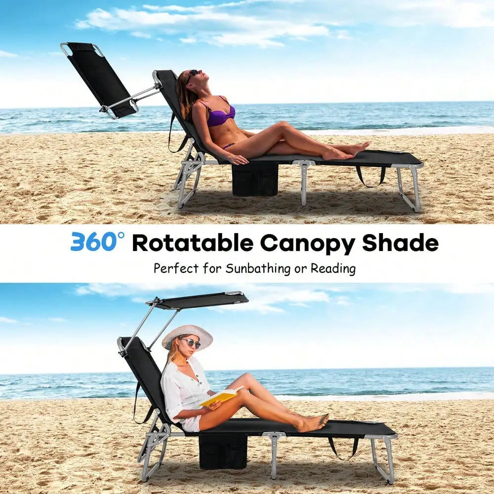 Foldable Lounge Chair Adjustable Outdoor Beach Patio Pool Recliner Black With Sunshade