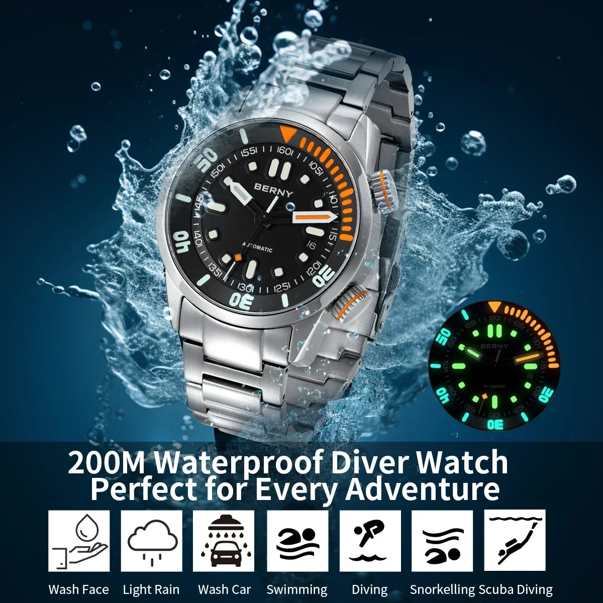 BERNY Automatic Dive Watch for Men 20ATM Sapphire Design