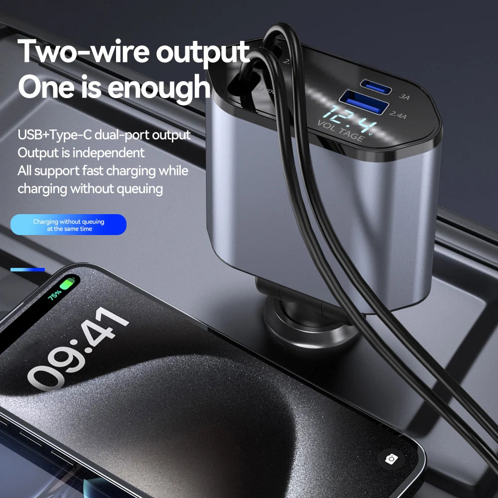 120W 4 In 1 Car Charger Retractable USB Type C Adapter