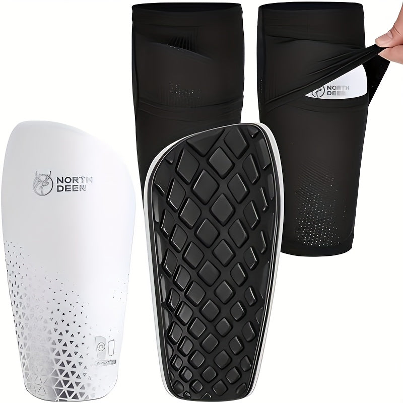 Northdeer Soccer Shin Guards for Youngsters and Adults Ergonomic Design with Impact Protection Breathable Mesh and Durable Plastic Unisex Soccer Gear for Men White Blue Black