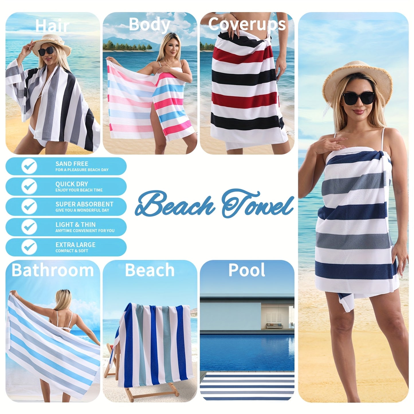 COVINA Sand Free Stripe Beach Towel Set Quick Dry