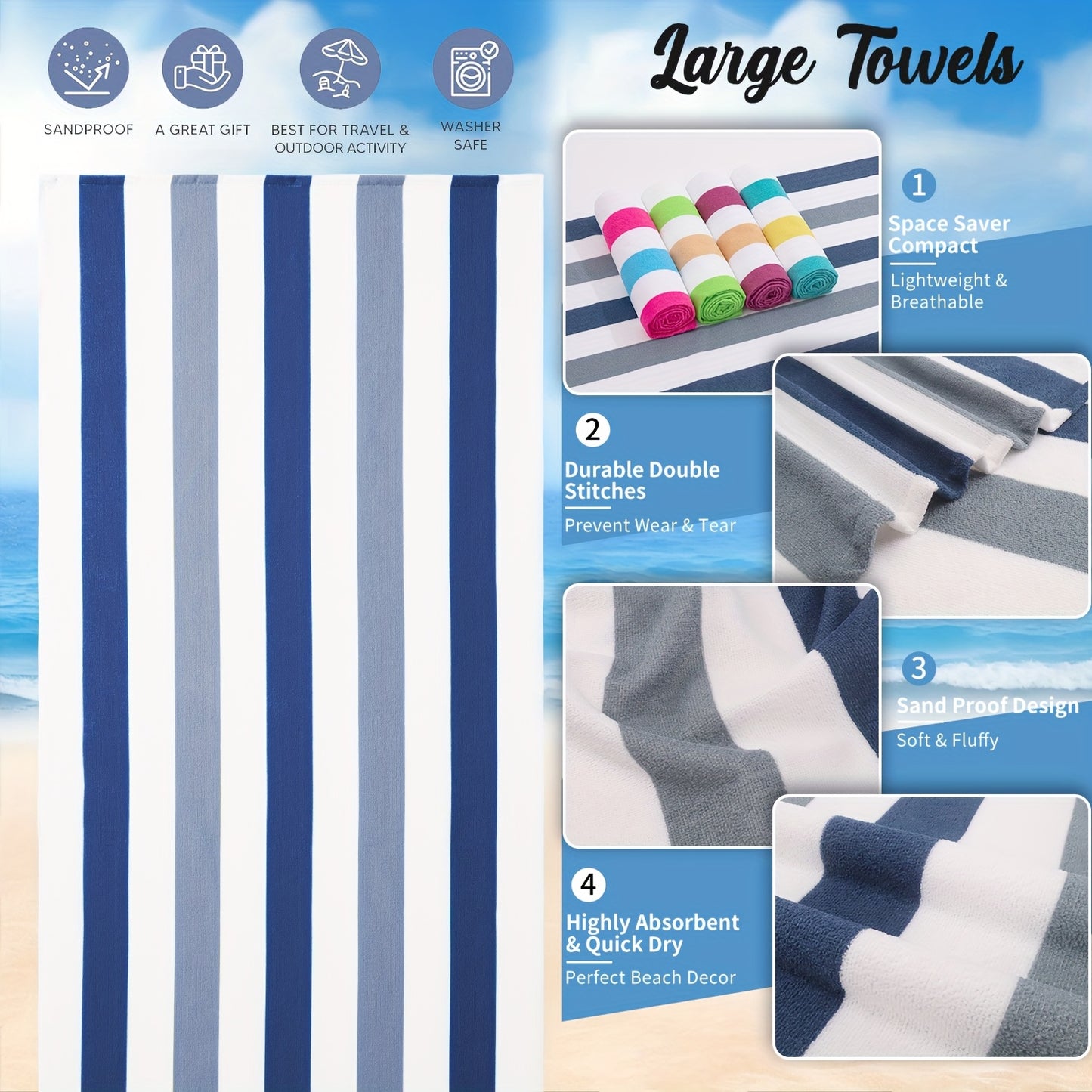 COVINA Sand Free Stripe Beach Towel Set Quick Dry