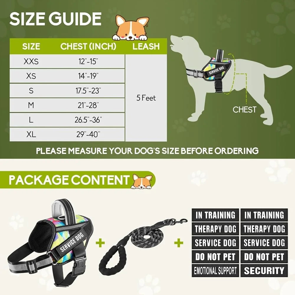 Reflective Service Dog Harness and Leash Set with Patches