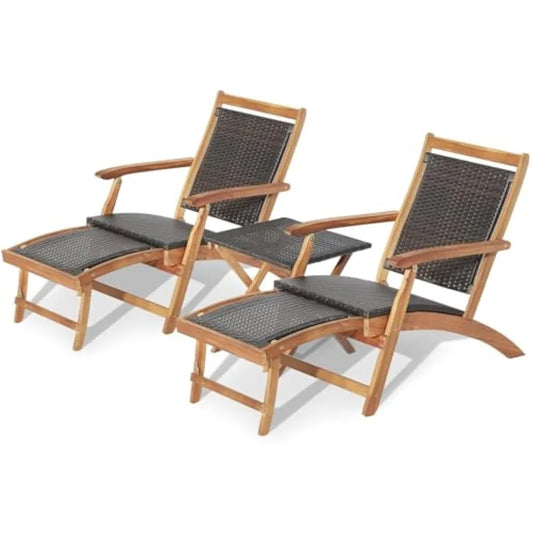 Patio Chaise Lounge Chair Set of 3, Acacia Wood Folding Rattan Wicker Chairs w/Retractable Footrest, Side Table, 3-Piece Outdoo