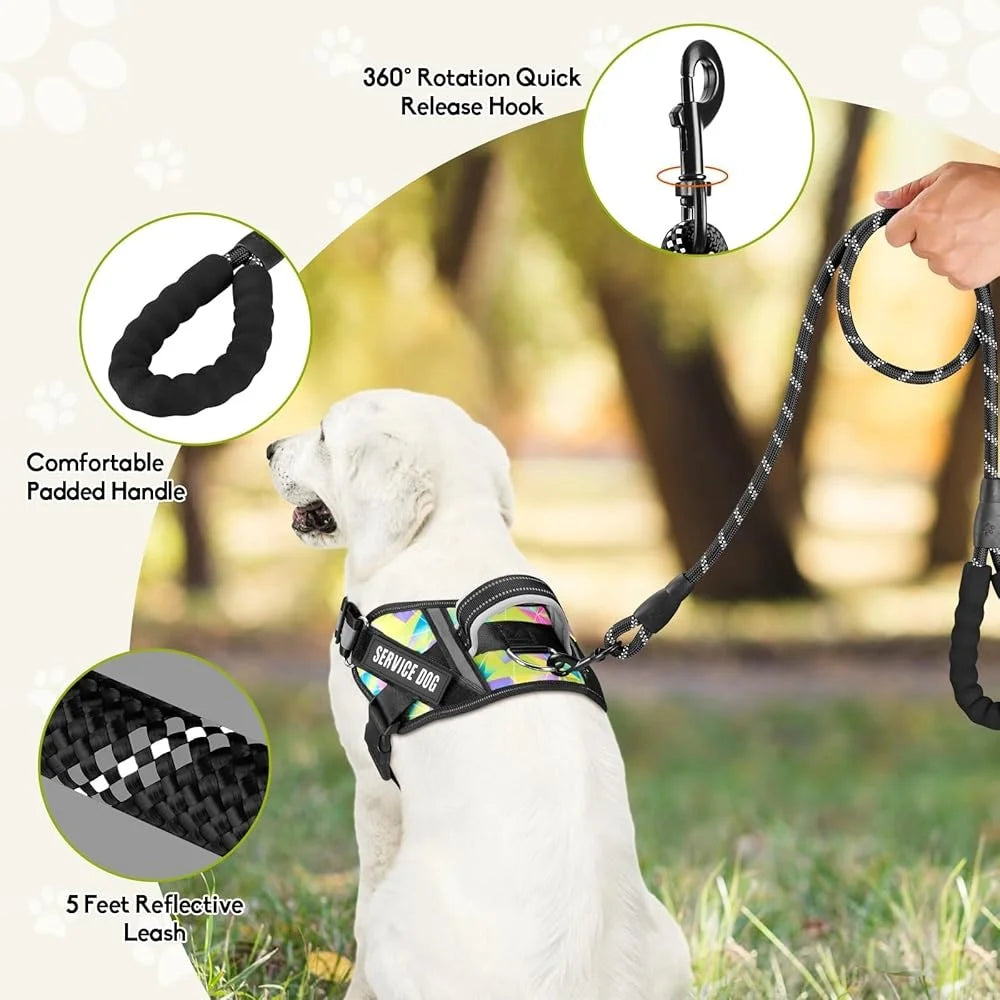 Reflective Service Dog Harness and Leash Set with Patches