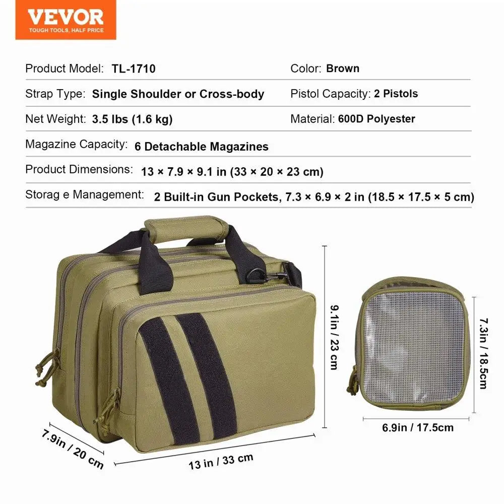 Tactical Bag for 2 Pistol Range Case with Pouches Brown