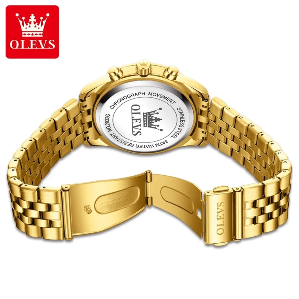 OLEVS Brand Luxury Waterproof Men's Moon Phase Quartz Watch Gold Stainless Steel Strap