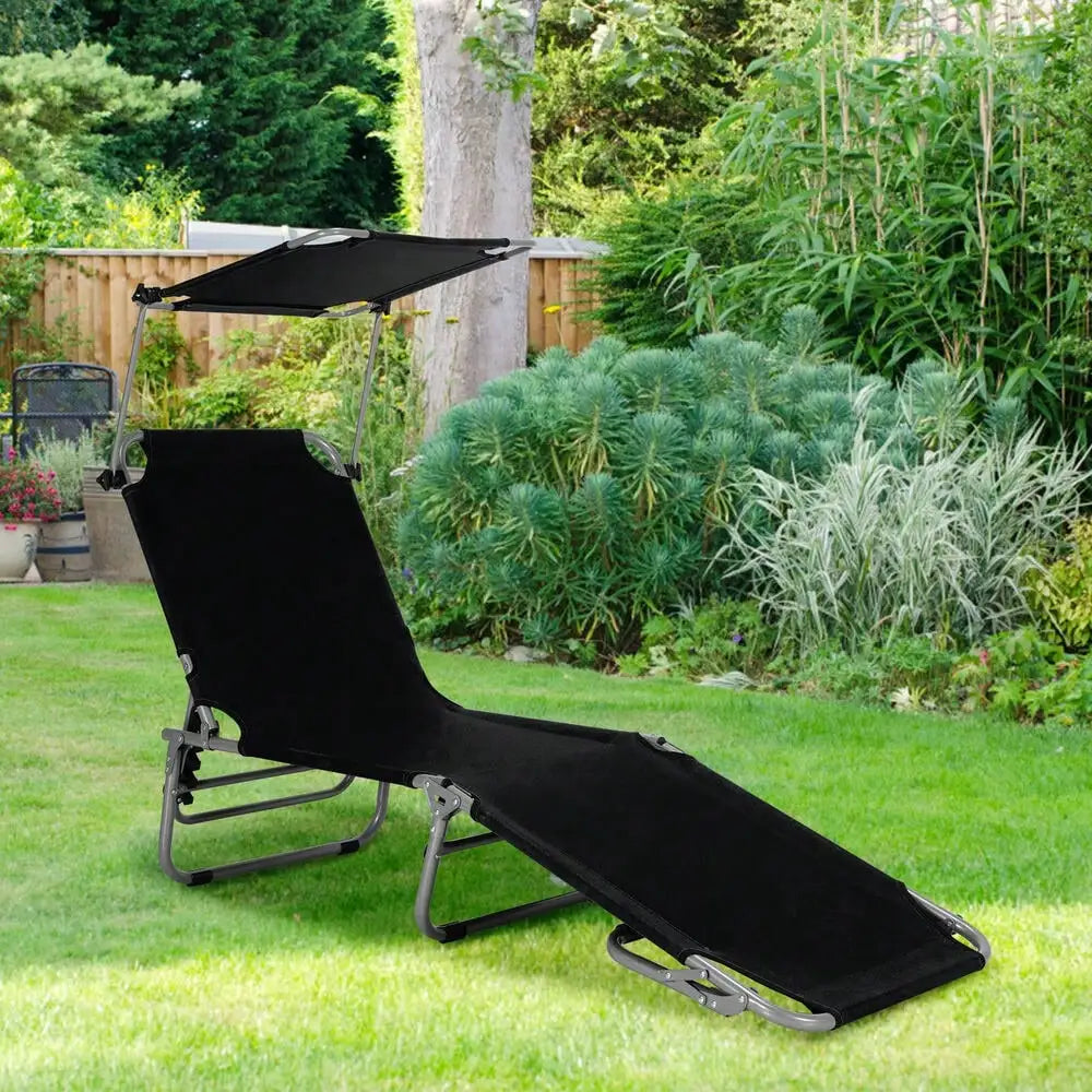 Foldable Lounge Chair Adjustable Outdoor Beach Patio Pool Recliner Black With Sunshade