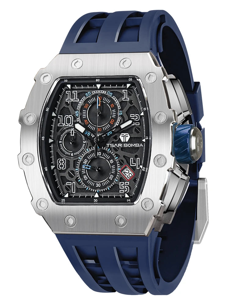 TSAR BOMBA Watch for Men Top Brand Luxury Waterproof Quartz Wristwatch Tonneau Clock Chronograph Rectangle Mens Watch