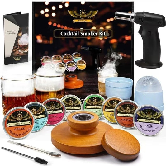 Smoker Kit with Torch - 2 Whiskey Glasses 2 Ice Ball Molds 8 Flavor Orange Cinnamon Ginger Anise Wood Chips for Whiskey