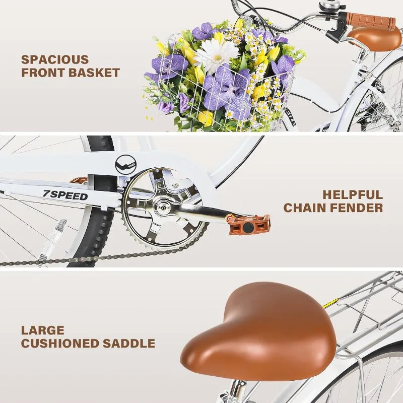 YTYINFork Beach Cruiser Bike 7Speed Steel Frame Fenders
