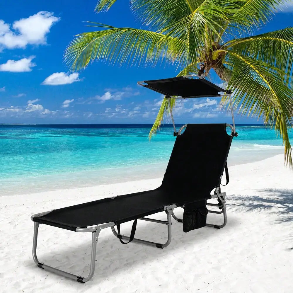 Foldable Lounge Chair Adjustable Outdoor Beach Patio Pool Recliner Black With Sunshade