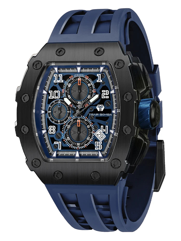 TSAR BOMBA Watch for Men Top Brand Luxury Waterproof Quartz Wristwatch Tonneau Clock Chronograph Rectangle Mens Watch