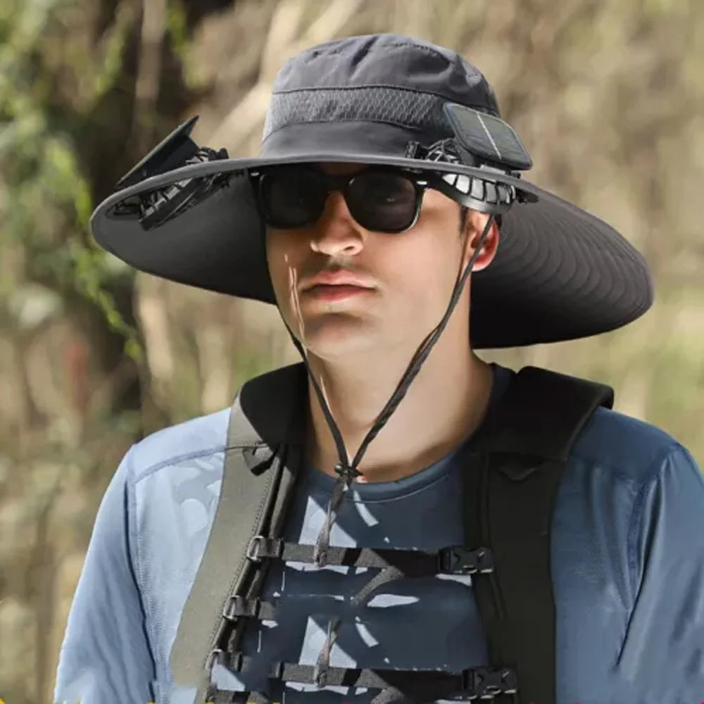 Wide Brim Outdoor Fishing Hat with Integrated Fan for Comfort