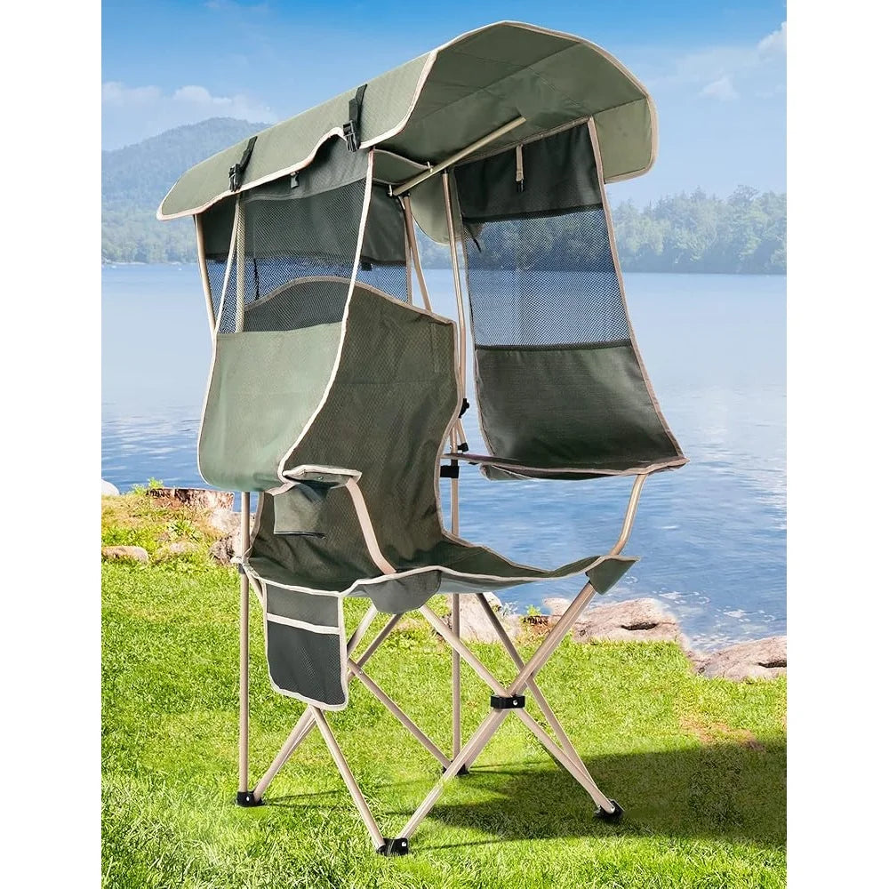 Folding Beach Chair with Canopy Shade Heavy Duty Support 330 lbs