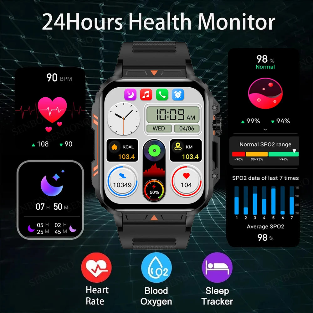 Military Smart Watch with Bluetooth Call and Heart Rate Monitor