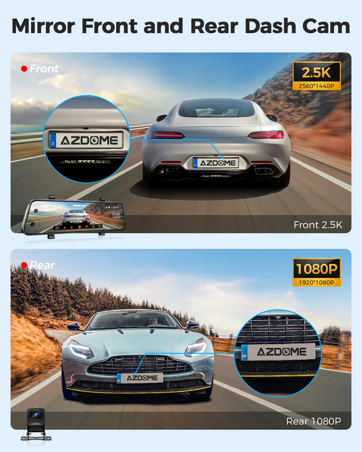 AZDOME PG17 WiFi Mirror Dash Cam 4K Front View Dual Cameras