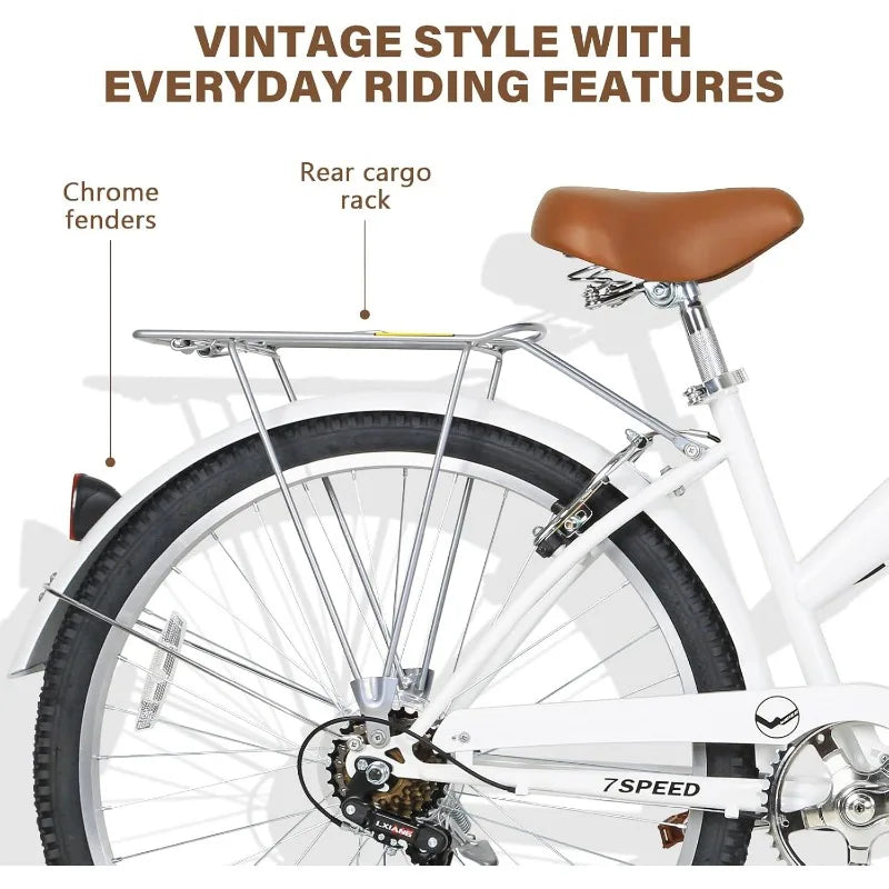 YTYINFork Beach Cruiser Bike 7Speed Steel Frame Fenders