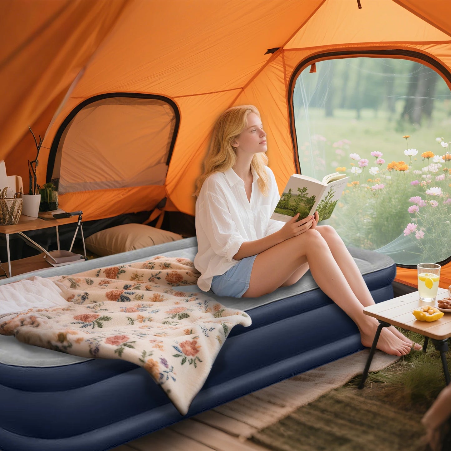Foldable Inflatable Air Mattress With Built-in Pump, Indoor or Camping, Multiple Sizes