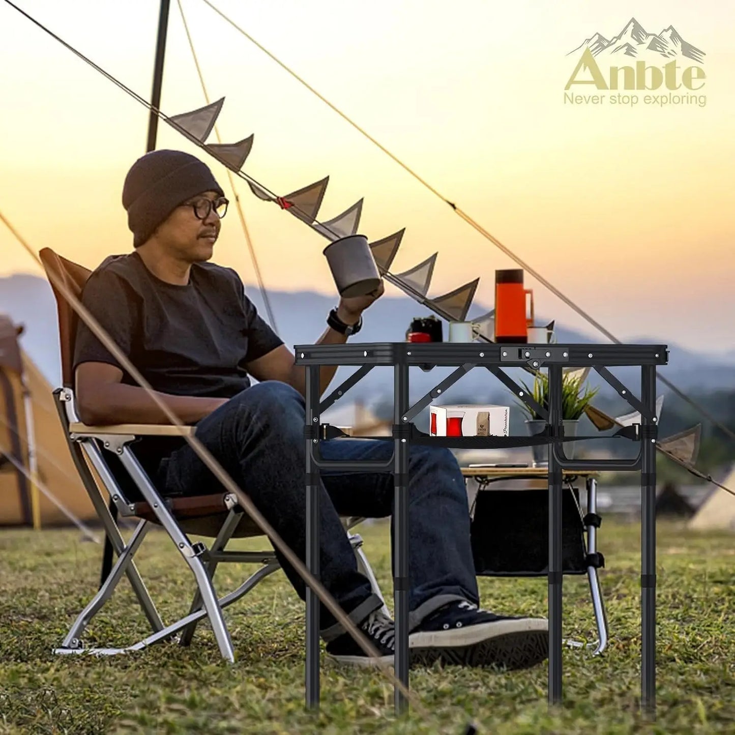 Folding Camping Table, Black Aluminum 23.2"x16", Adjustable H 26.4", Lightweight, Portable, Storage Net, Waterproof (128 chars)