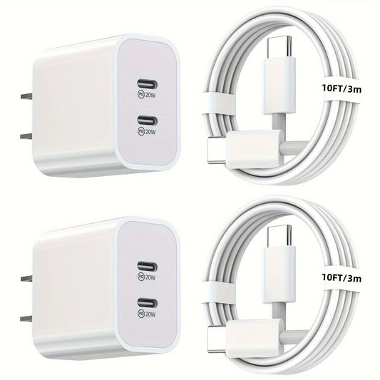 2Pack 40WPD Dual Port Charger Fast Charging With 10FT USB C To C Charging Cable For IPhone 15 Pro Max 15Pro 15 15Plus IPad Pro