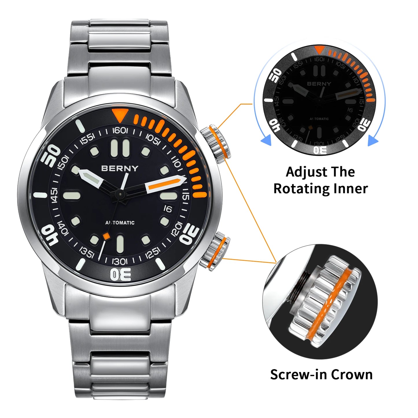 BERNY Automatic Dive Watch for Men 20ATM Sapphire Design