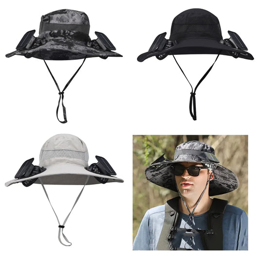 Wide Brim Outdoor Fishing Hat with Integrated Fan for Comfort