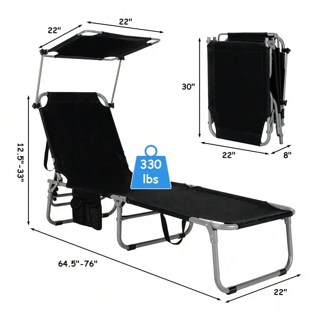 Foldable Lounge Chair Adjustable Outdoor Beach Patio Pool Recliner Black With Sunshade